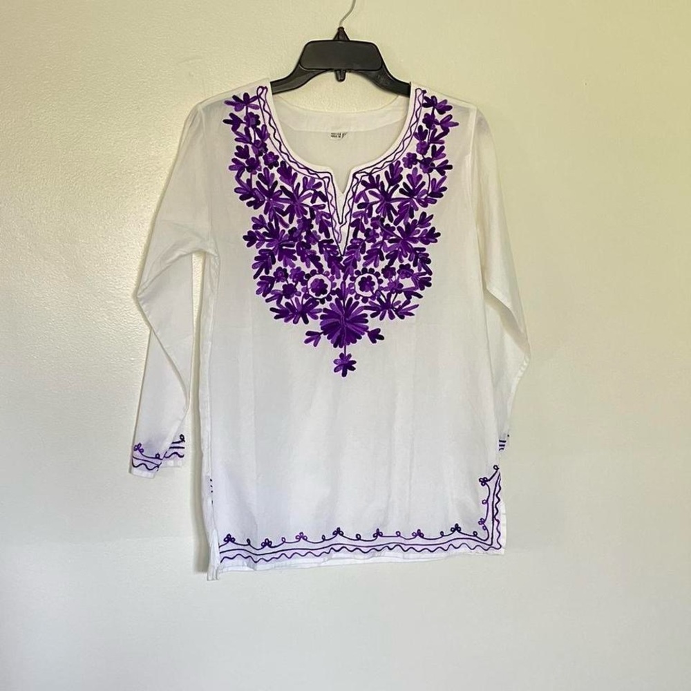 100% cotton purple and white embroidered top